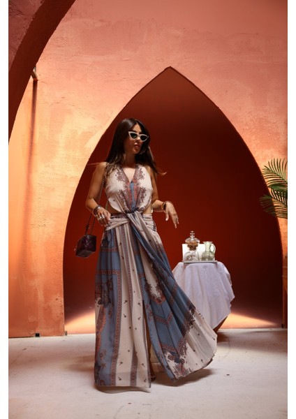 Pencere Detaylı Desenli Şifon Elbise