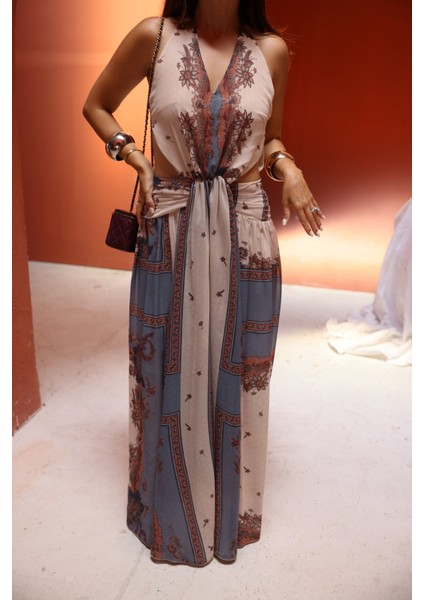 Pencere Detaylı Desenli Şifon Elbise fiyatları