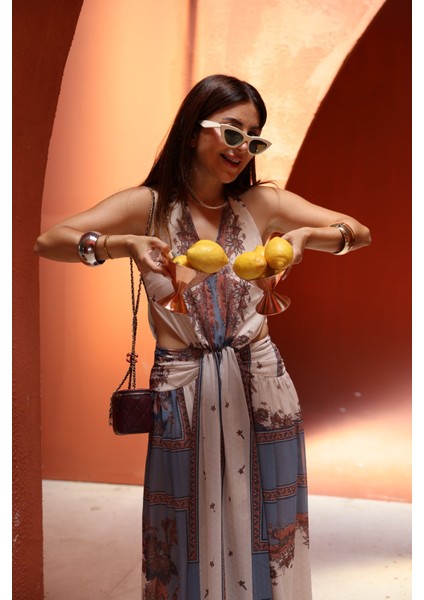 Pencere Detaylı Desenli Şifon Elbise modelleri