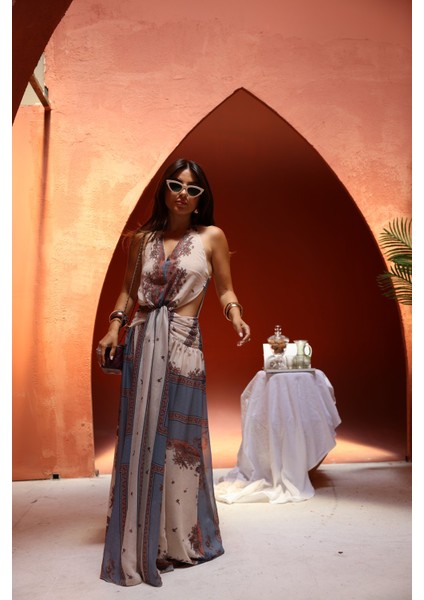 Pencere Detaylı Desenli Şifon Elbise indirimleri