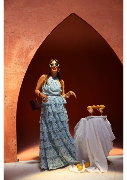 Kat Kat Çiçek Desenli Uzun Şifon Elbise