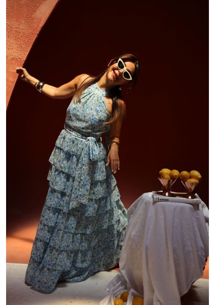 Kat Kat Çiçek Desenli Uzun Şifon Elbise fiyatları