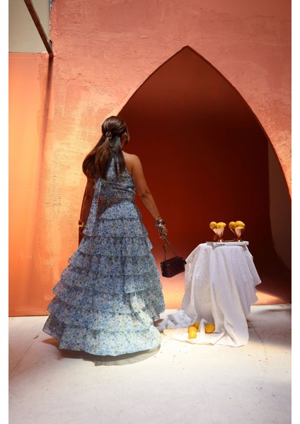 Kat Kat Çiçek Desenli Uzun Şifon Elbise modelleri