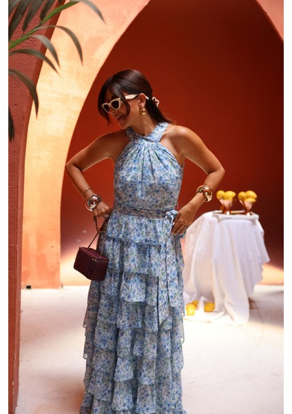 Kat Kat Çiçek Desenli Uzun Şifon Elbise indirimleri