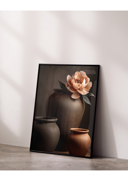 Metal Çerçeveli Gerçek Camlı Tablo , Dijital Baskı, Saksılar ve Şakayık , Çiçekli Modern Soyut Tablo