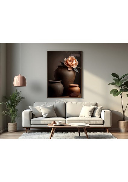 Metal Çerçeveli Gerçek Camlı Tablo , Dijital Baskı, Saksılar ve Şakayık , Çiçekli Modern Soyut Tablo