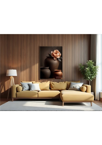 Metal Çerçeveli Gerçek Camlı Tablo , Dijital Baskı, Saksılar ve Şakayık , Çiçekli Modern Soyut Tablo