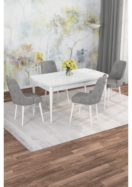 Mona Beyaz 80X132 Açılabilir Mdf Masa Yemek Odası Takımı, Mutfak Takımı 4 Adet Sandalye