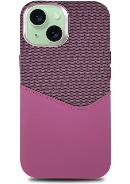 iPhone 13/ 14 Uyumlu Kumaş ve Deri Kaplamalı Kartlıklı Metal Kamera Detaylı Sahra Kılıf