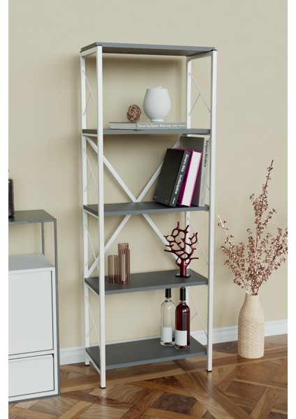 5 Raflı Metal Kitaplık Çok Amaçlı Kütüphane Salon Ofis Evrak Rafları Antrasit - Beyaz Metal