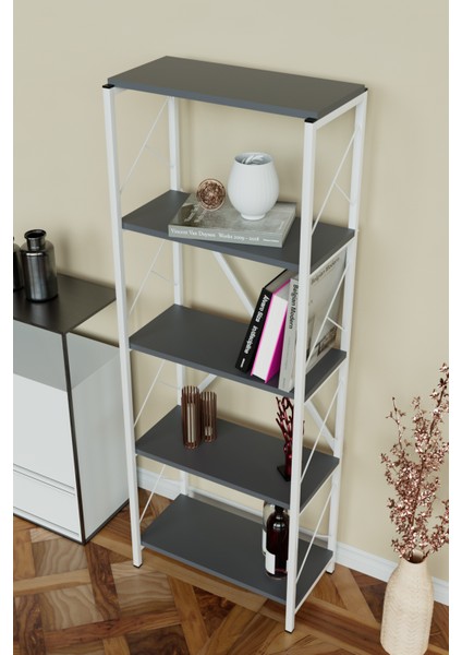 5 Raflı Metal Kitaplık Çok Amaçlı Kütüphane Salon Ofis Evrak Rafları Antrasit - Beyaz Metal fiyatları