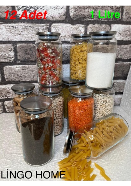 12 Adet 1 Litrelik Paslanmaz Vakumlu Metal Kapaklı Kavanoz-Saklama Kabı