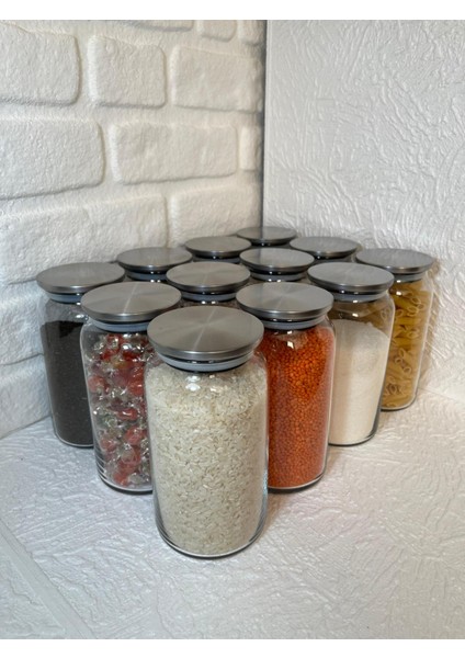 12 Adet 1 Litrelik Paslanmaz Vakumlu Metal Kapaklı Kavanoz-Saklama Kabı