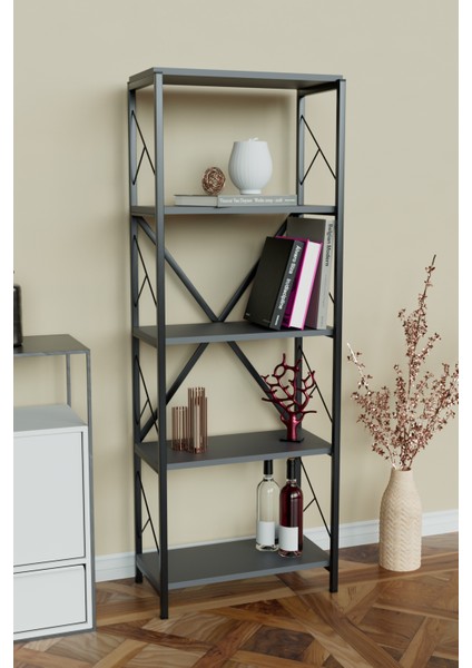 5 Raflı Metal Kitaplık Çok Amaçlı Kütüphane Salon Ofis Evrak Rafları Antrasit - Siyah Metal