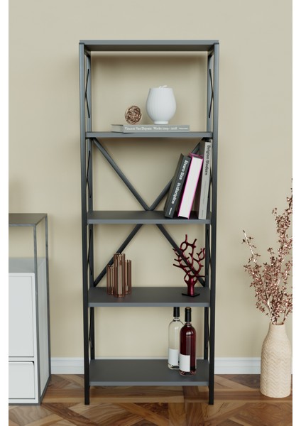 5 Raflı Metal Kitaplık Çok Amaçlı Kütüphane Salon Ofis Evrak Rafları Antrasit - Siyah Metal fiyatları