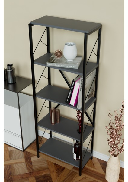 5 Raflı Metal Kitaplık Çok Amaçlı Kütüphane Salon Ofis Evrak Rafları Antrasit - Siyah Metal modelleri
