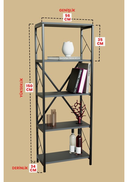 5 Raflı Metal Kitaplık Çok Amaçlı Kütüphane Salon Ofis Evrak Rafları Antrasit - Siyah Metal fırsatları