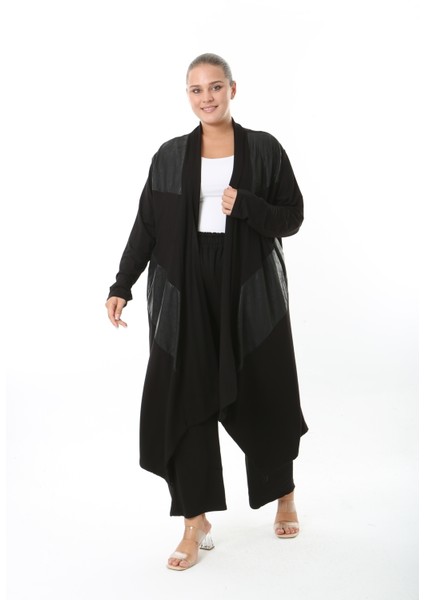 Kadın Likralı Viskon Siyah Deri Detaylı Büyük Beden Hırka