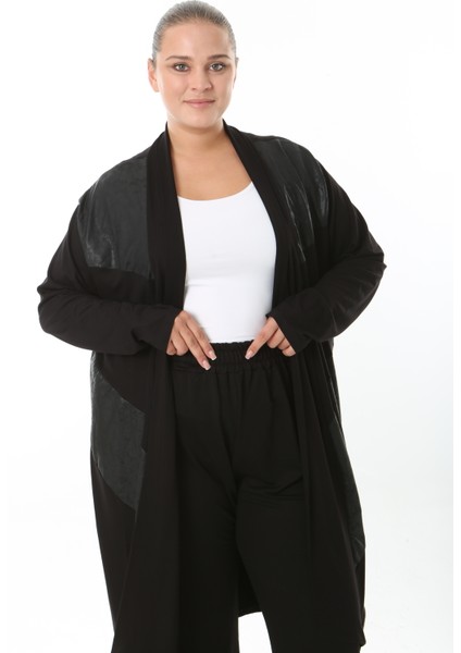 Kadın Likralı Viskon Siyah Deri Detaylı Büyük Beden Hırka fiyatları