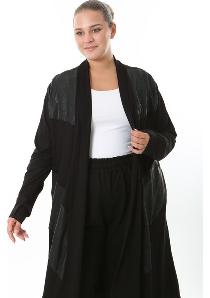 Kadın Likralı Viskon Siyah Deri Detaylı Büyük Beden Hırka modelleri