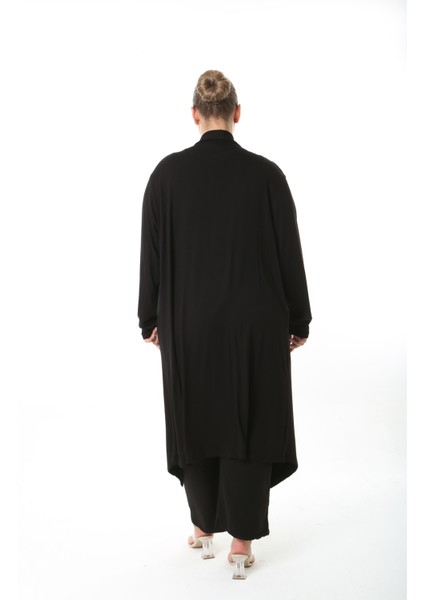 Kadın Likralı Viskon Siyah Deri Detaylı Büyük Beden Hırka fırsatları