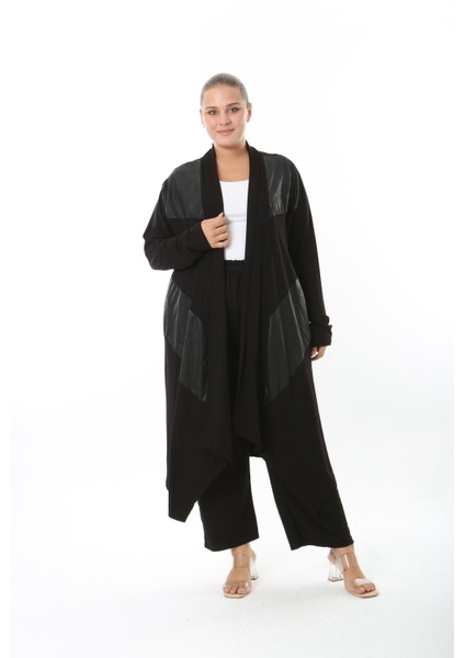 Kadın Likralı Viskon Siyah Deri Detaylı Büyük Beden Hırka indirimleri