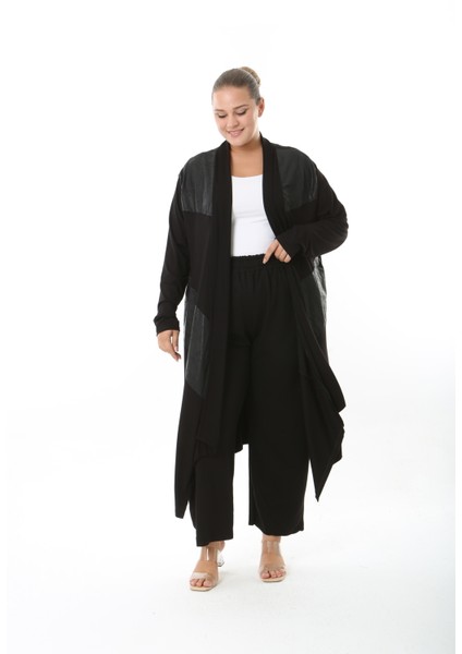 Kadın Likralı Viskon Siyah Deri Detaylı Büyük Beden Hırka