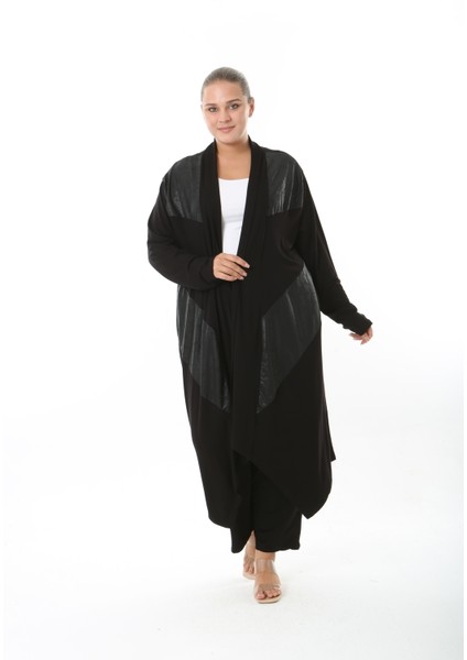 Kadın Likralı Viskon Siyah Deri Detaylı Büyük Beden Hırka