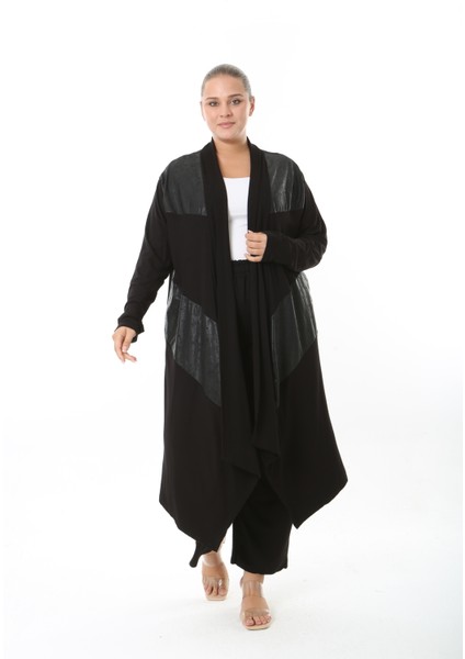 Kadın Likralı Viskon Siyah Deri Detaylı Büyük Beden Hırka