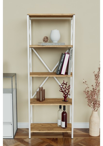 5 Raflı Metal Kitaplık Çok Amaçlı Kütüphane Salon Ofis Evrak Rafları Ahşap - Beyaz Metal fiyatları