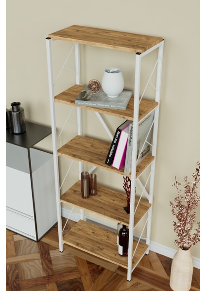 5 Raflı Metal Kitaplık Çok Amaçlı Kütüphane Salon Ofis Evrak Rafları Ahşap - Beyaz Metal modelleri