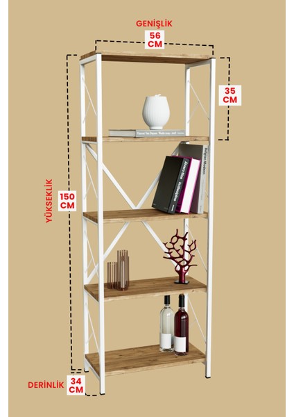 5 Raflı Metal Kitaplık Çok Amaçlı Kütüphane Salon Ofis Evrak Rafları Ahşap - Beyaz Metal fırsatları