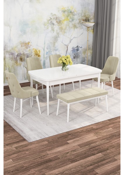 Mona Beyaz 80X132 Açılabilir Mdf Masa Yemek Odası Takımı, Mutfak Takımı 4 Adet Sandalye, 1 Bench