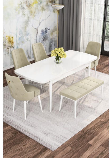 Mona Beyaz 80X132 Açılabilir Mdf Masa Yemek Odası Takımı, Mutfak Takımı 4 Adet Sandalye, 1 Bench fiyatları