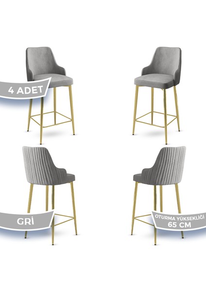Tera Serisi 4 Adet Gri Babyface Kumaş 65 cm Gold Kaplama Ayaklı Bar Sandalyesi