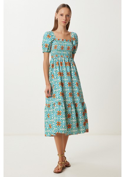 Balon Kollu Desenli Dokuma Elbise LFG0095 Yeşil Oranj