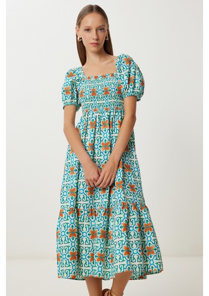 Balon Kollu Desenli Dokuma Elbise LFG0095 Yeşil Oranj fiyatları