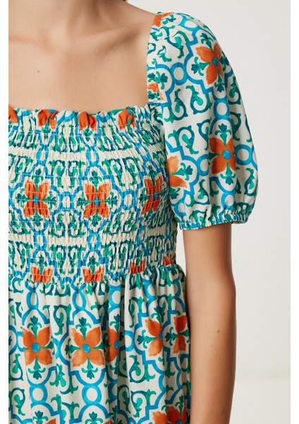 Balon Kollu Desenli Dokuma Elbise LFG0095 Yeşil Oranj modelleri