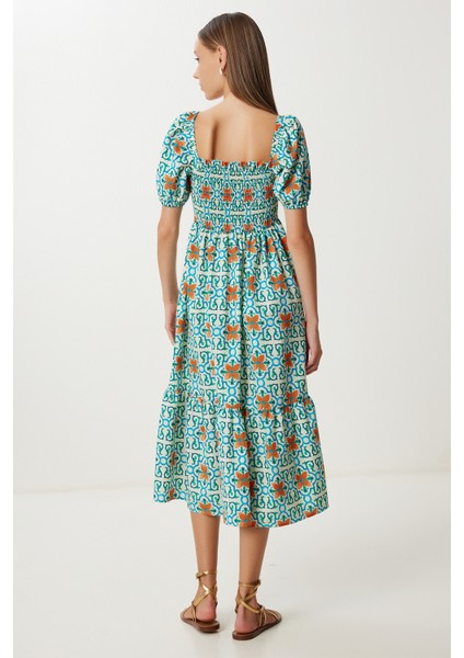 Balon Kollu Desenli Dokuma Elbise LFG0095 Yeşil Oranj fırsatları