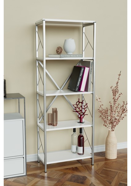 5 Raflı Metal Kitaplık Çok Amaçlı Kütüphane Salon Ofis Evrak Rafları Beyaz -Gümüş Metal