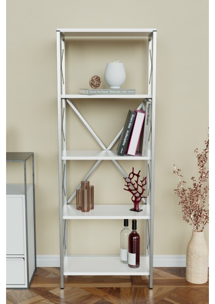 5 Raflı Metal Kitaplık Çok Amaçlı Kütüphane Salon Ofis Evrak Rafları Beyaz -Gümüş Metal fiyatları