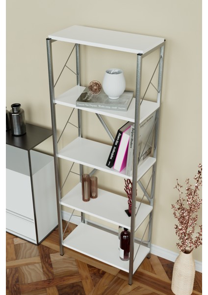 5 Raflı Metal Kitaplık Çok Amaçlı Kütüphane Salon Ofis Evrak Rafları Beyaz -Gümüş Metal modelleri