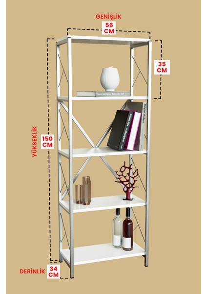 5 Raflı Metal Kitaplık Çok Amaçlı Kütüphane Salon Ofis Evrak Rafları Beyaz -Gümüş Metal fırsatları