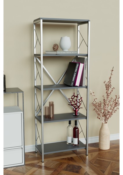 5 Raflı Metal Kitaplık Çok Amaçlı Kütüphane Salon Ofis Evrak Rafları Antrasit-Gümüş Metal