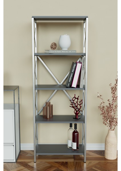 5 Raflı Metal Kitaplık Çok Amaçlı Kütüphane Salon Ofis Evrak Rafları Antrasit-Gümüş Metal fiyatları