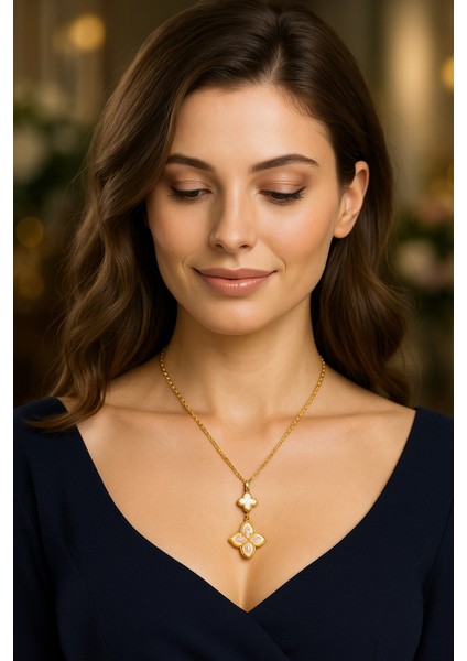 Gold Renk Tasarım Sedef Taşlı Kadın Gümüş Kolye