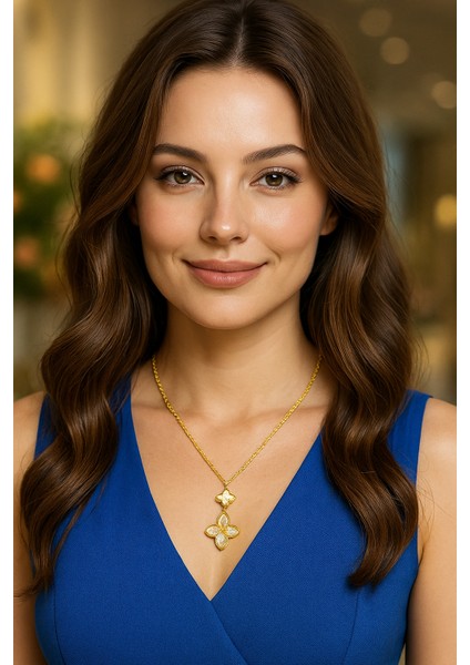 Gold Renk Tasarım Sedef Taşlı Kadın Gümüş Kolye fırsatları