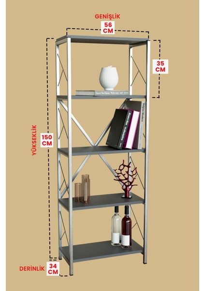 5 Raflı Metal Kitaplık Çok Amaçlı Kütüphane Salon Ofis Evrak Rafları Antrasit-Gümüş Metal fırsatları