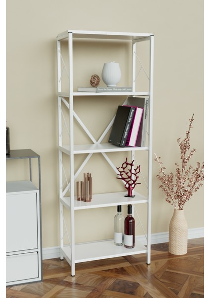 5 Raflı Metal Kitaplık Çok Amaçlı Kütüphane Salon Ofis Evrak Rafları Beyaz-Beyaz Metal