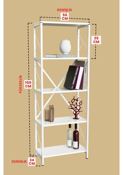 5 Raflı Metal Kitaplık Çok Amaçlı Kütüphane Salon Ofis Evrak Rafları Beyaz-Beyaz Metal fırsatları